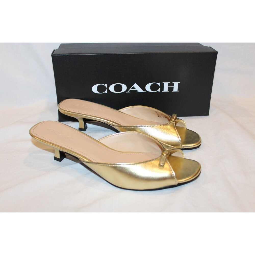 Coach Women’s Metallic Leather Kitten Heeled Sandals Gold NIB $185 8.5 - Picture 2 of 8